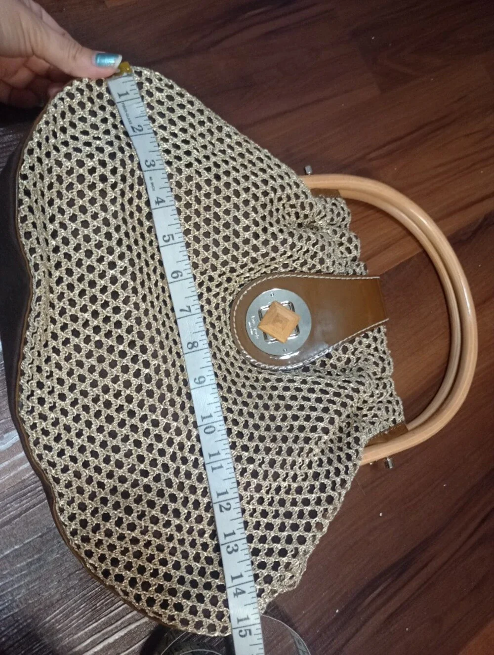 Kate Spade Wooden Handle Metallic Gold Mesh Hand Bag